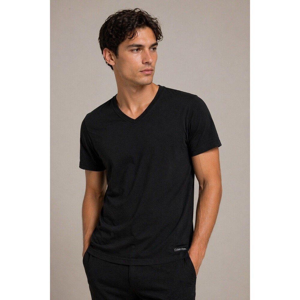 Calvin Klein Monogram Black V Neck T-Shirt Peacoat Mens Smaill